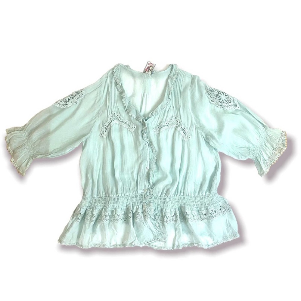 Johnny Was Pastel Blue Frilly Eyelet Design Button Up Peasant Top
